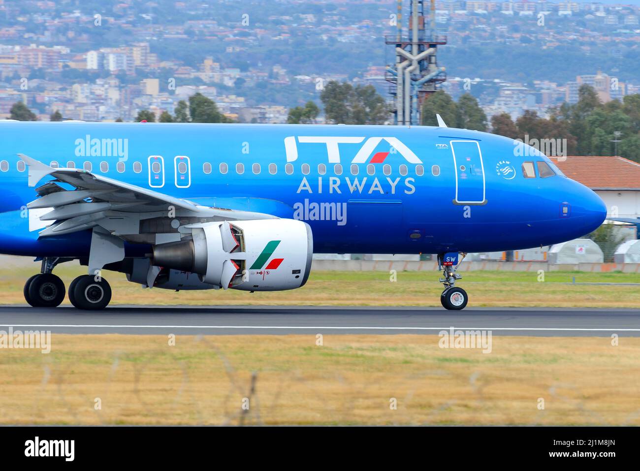 ITA Airways Airbus A320 aircraft landing at Catania Airport. New national airline of Italy. Airplane of ITA Airways, Italia Transporto Aereo. Stock Photo