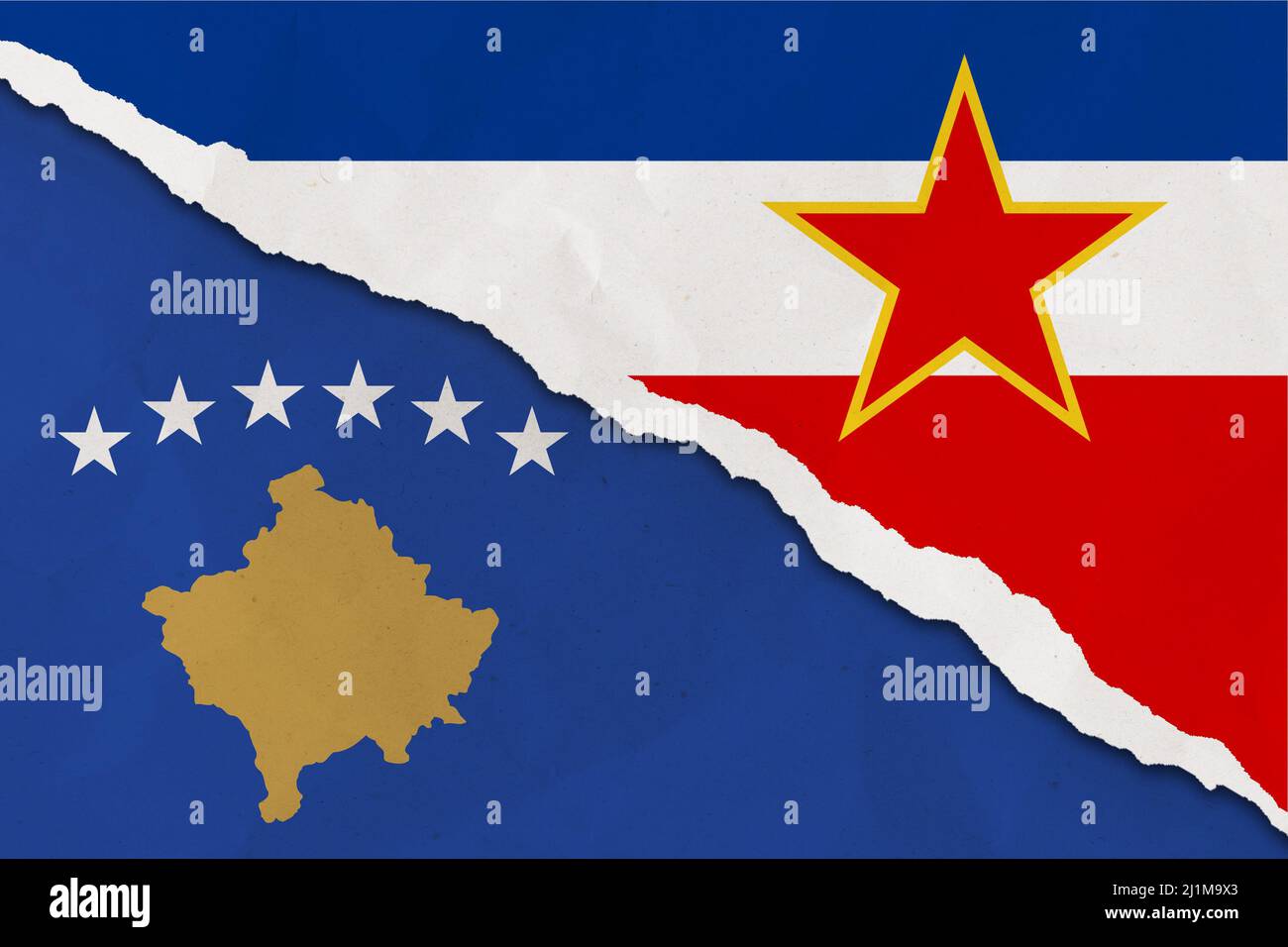 Kosovo and Yugoslavia flag ripped paper grunge background Stock Photo