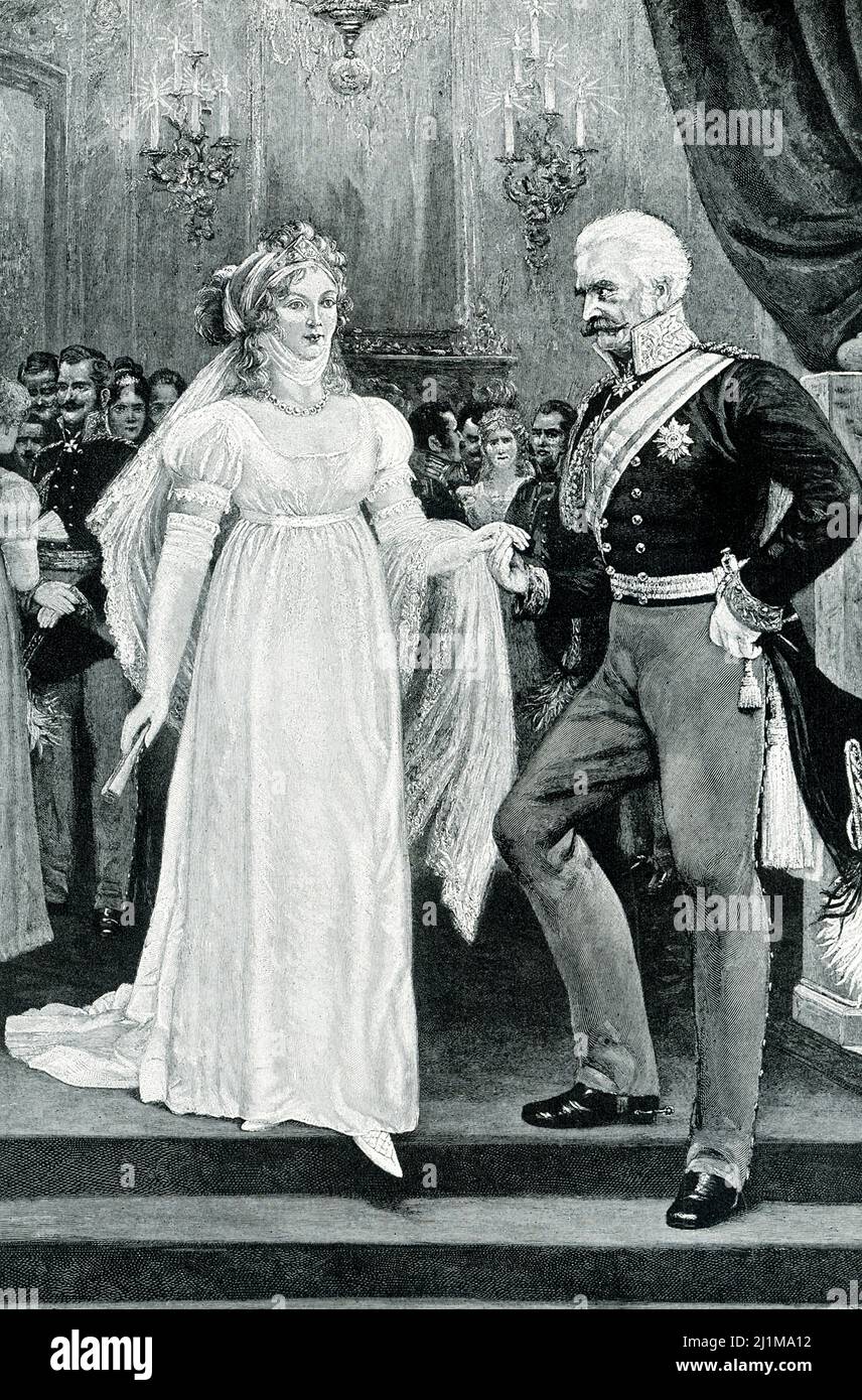 The 1906 caption reads: “Queen Louise and Blucher. This is a striking picture of the celebrated Prussian Queen in the happy time that preceded her misfortunes, She is surrounded by her gay court, and is receiving the gallant homage of the grim and aged but still courtly old warrior, General Blucher, who in after-years so well avenged her wrongs.” Duchess Louise of Mecklenburg-Strelitz (died1810)  was Queen of Prussia and the wife of King Frederick William III. The couple's happy, though short-lived, marriage produced nine children, including the future monarchs Frederick William IV of Prussia Stock Photo
