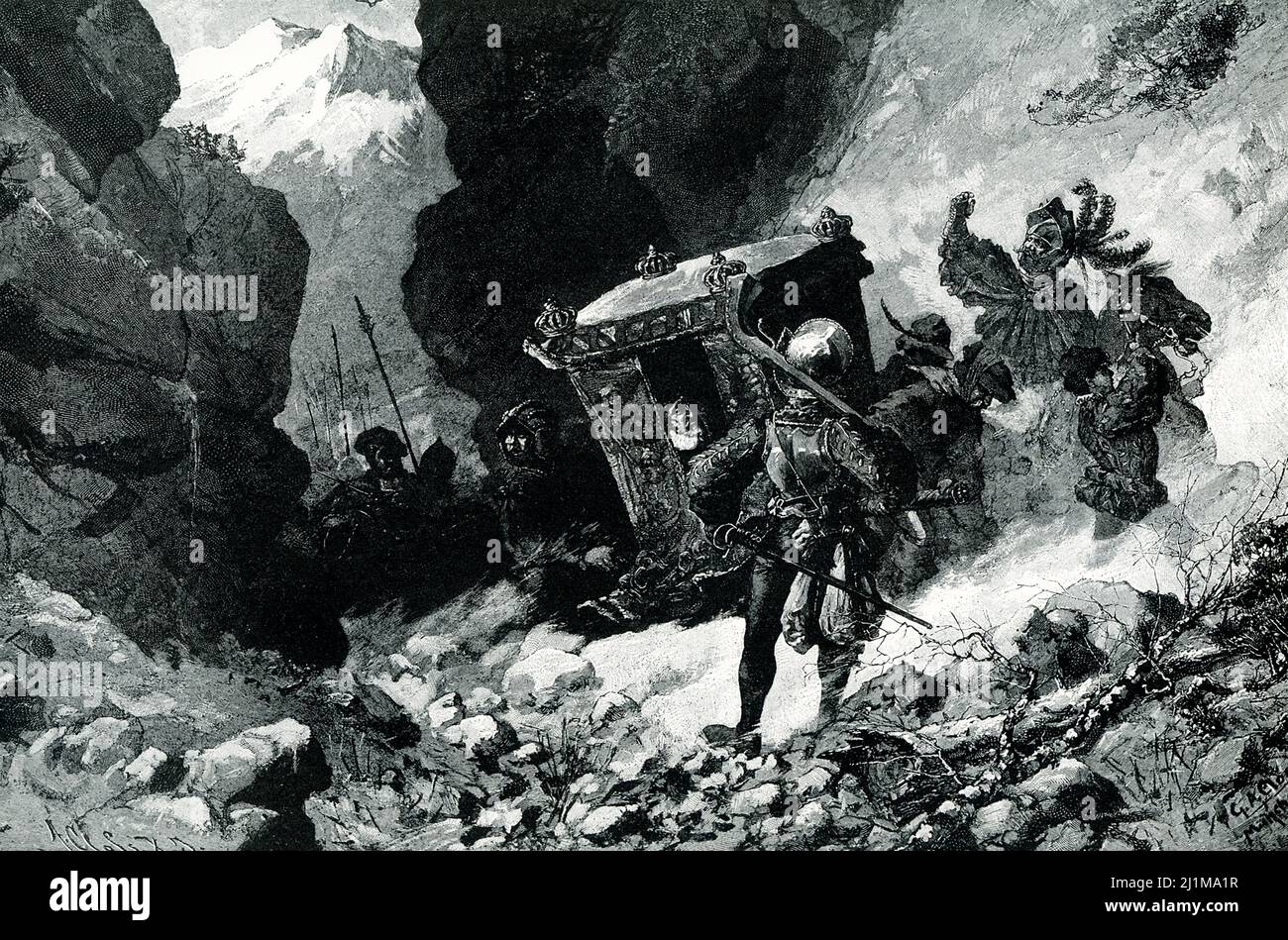 The 1906 caption reads: “Flight of Charles V. The Emperor Charles V the mightiest monarch of his time in Europe, had to flee from a sudden and unexpected German rebellion. Suffering severely from the gout, he was jolted in frantic haste over the Alpine passes to a safer land. His enemies could, perhaps, have captured him, but purposely delayed pursuit, saying they had “no cage for so large a bird.” This was the Second Schmalkaldic War, also known as the Princes' Revolt, an uprising of German Protestant princes led by elector Maurice of Saxony against the Catholic emperor Charles V that broke o Stock Photo