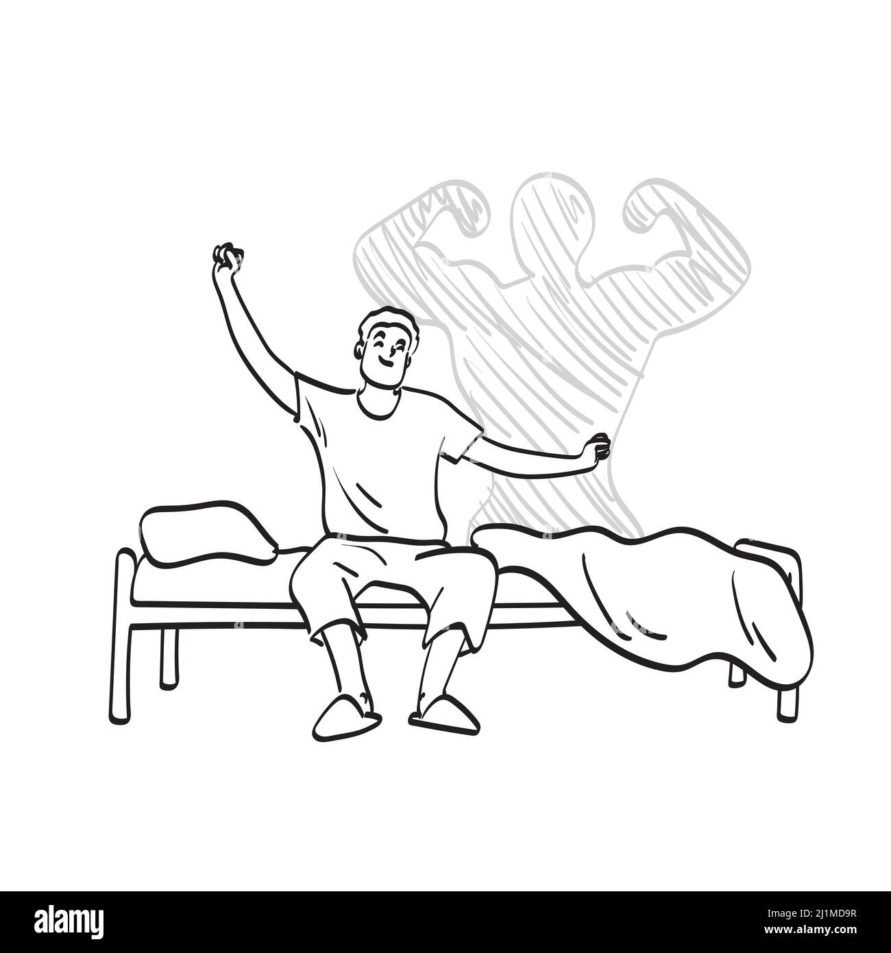 line art man waking up from sleep and stretching seated on his bed with shadow of muscle man behind illustration vector hand drawn isolated on white b Stock Vector