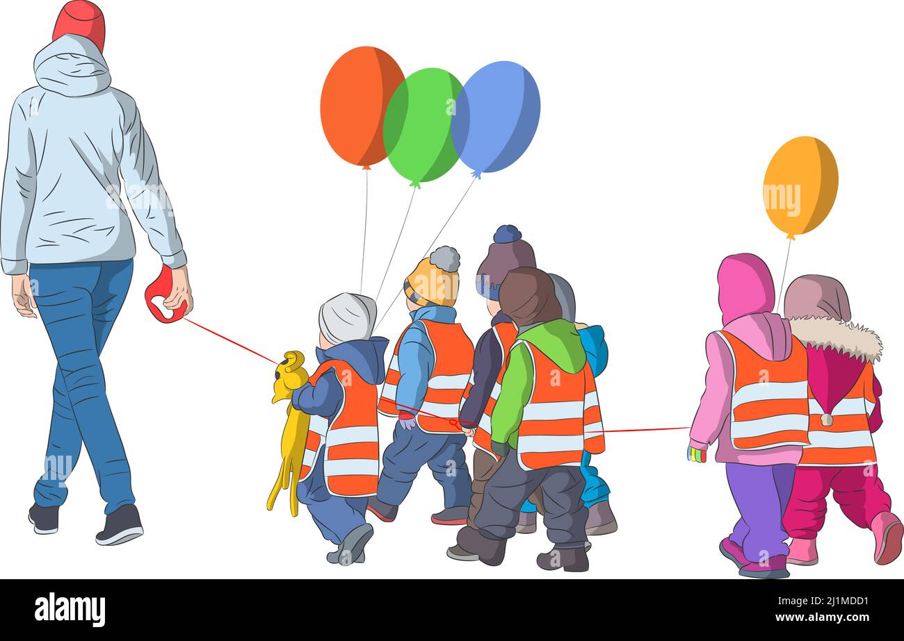 A group of small children in red vests follow the female teacher holding a rope. Vector illustration. Stock Vector