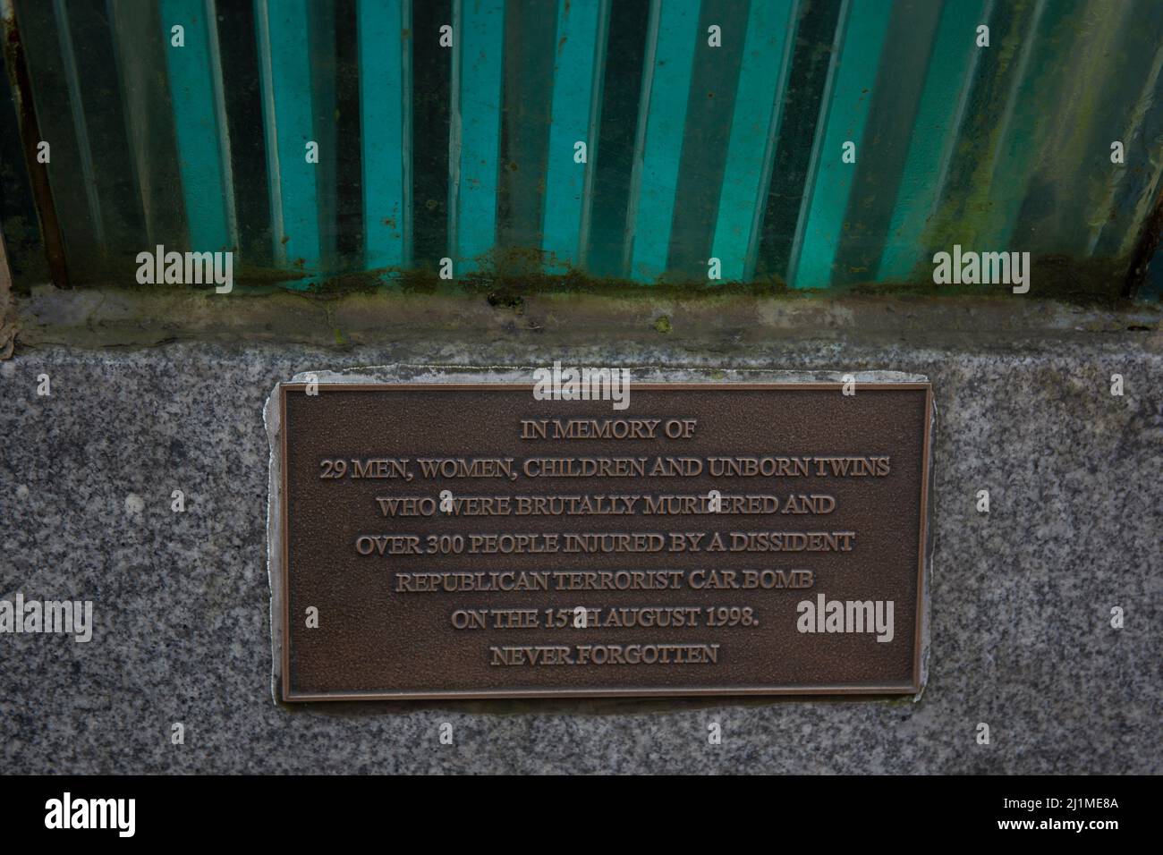 Plaque on the Market Street Memorial to the Omagh bombing a car bombing on 15 August 1998 in