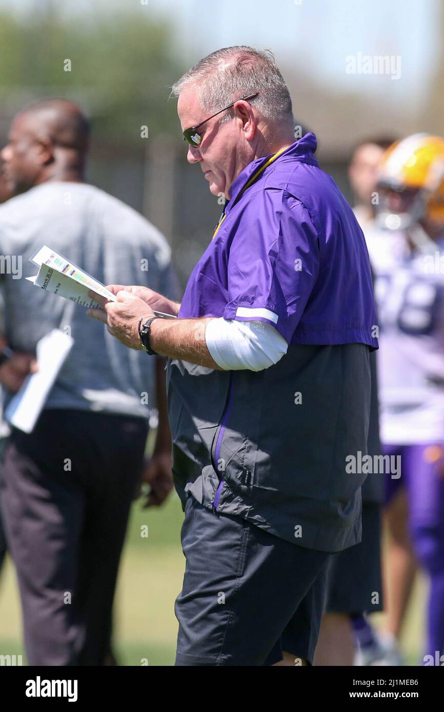 March 26 2022 new lsu head football coach brian kelly looks down at
