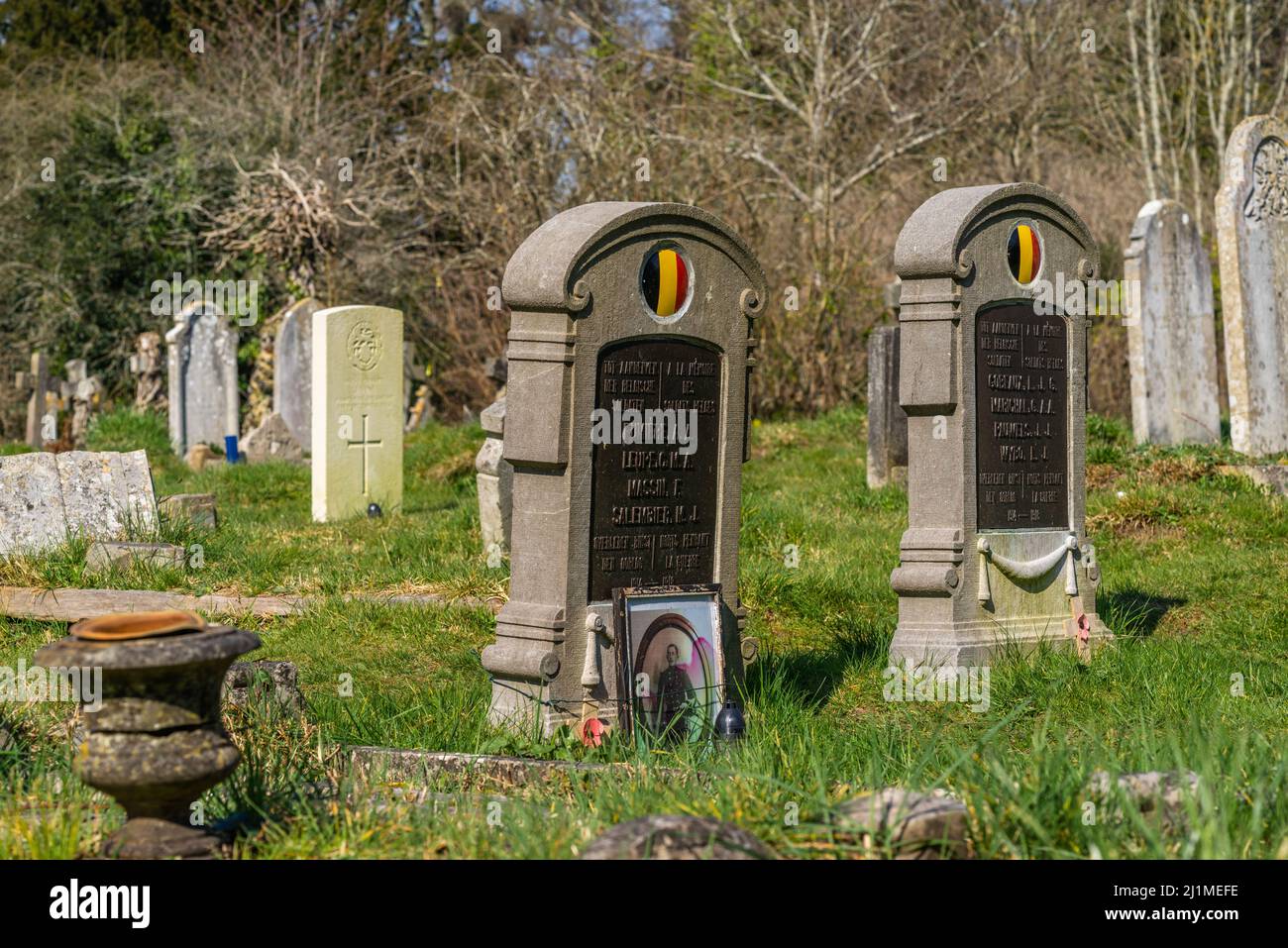 The Great War or WW1, graves of fallen Belgian soldiers and memorabilia at the Old Cemetery on the Common in Southampton, Hampshire, England, UK Stock Photo