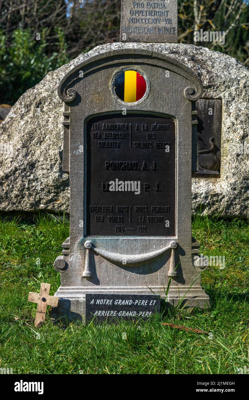 The Great War or WW1, graves of fallen Belgian soldiers and memorabilia at the Old Cemetery on the Common in Southampton, Hampshire, England, UK Stock Photo