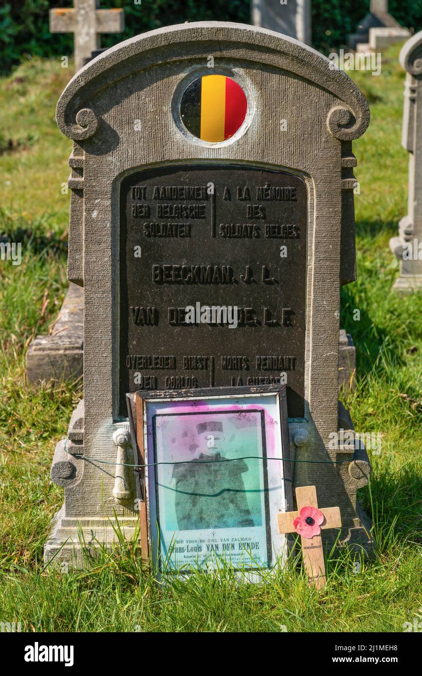 The Great War or WW1, graves of fallen Belgian soldiers and memorabilia at the Old Cemetery on the Common in Southampton, Hampshire, England, UK Stock Photo