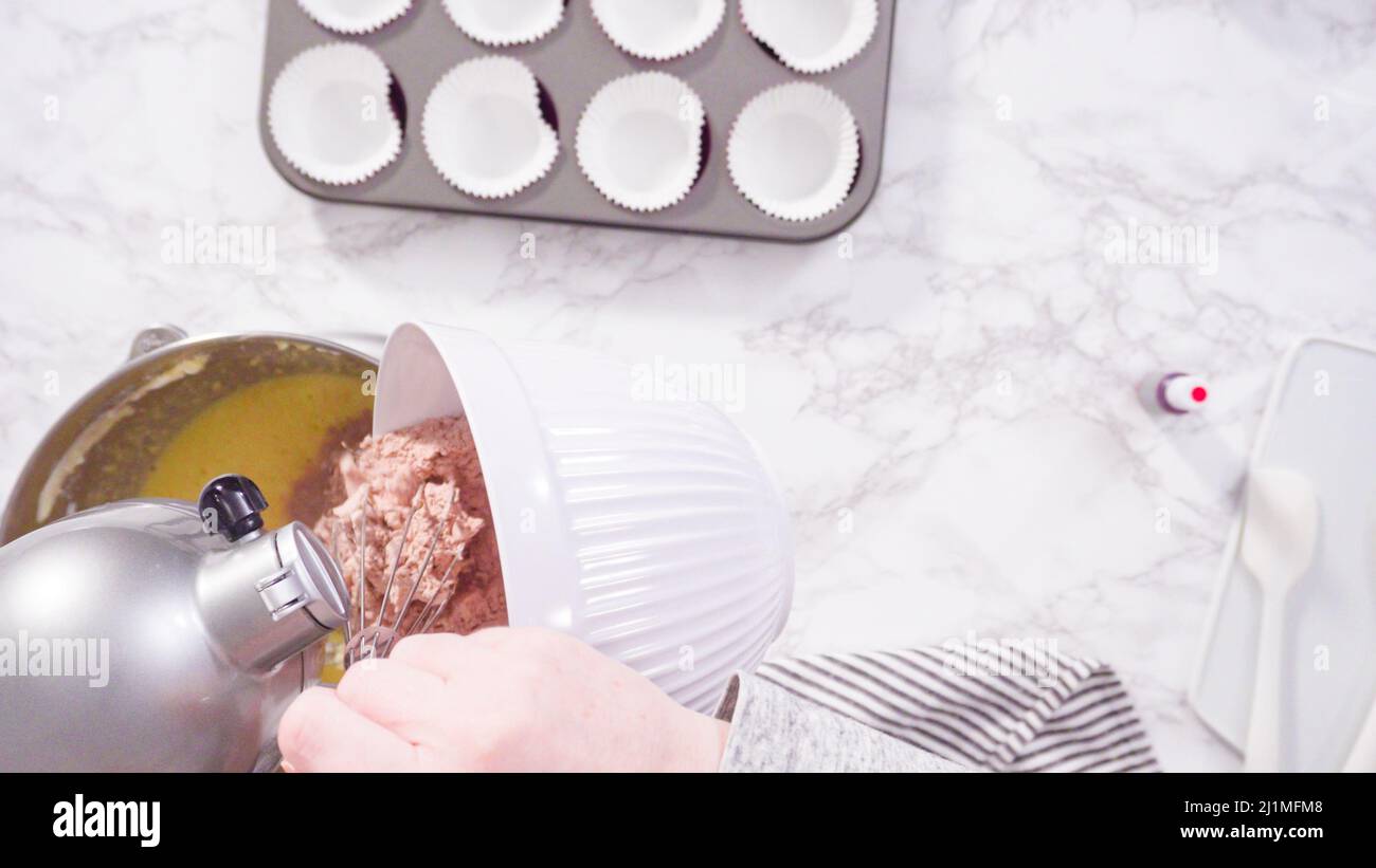 Flat lay. Step by step. Mixing ingredients in a standing kitchen mixer