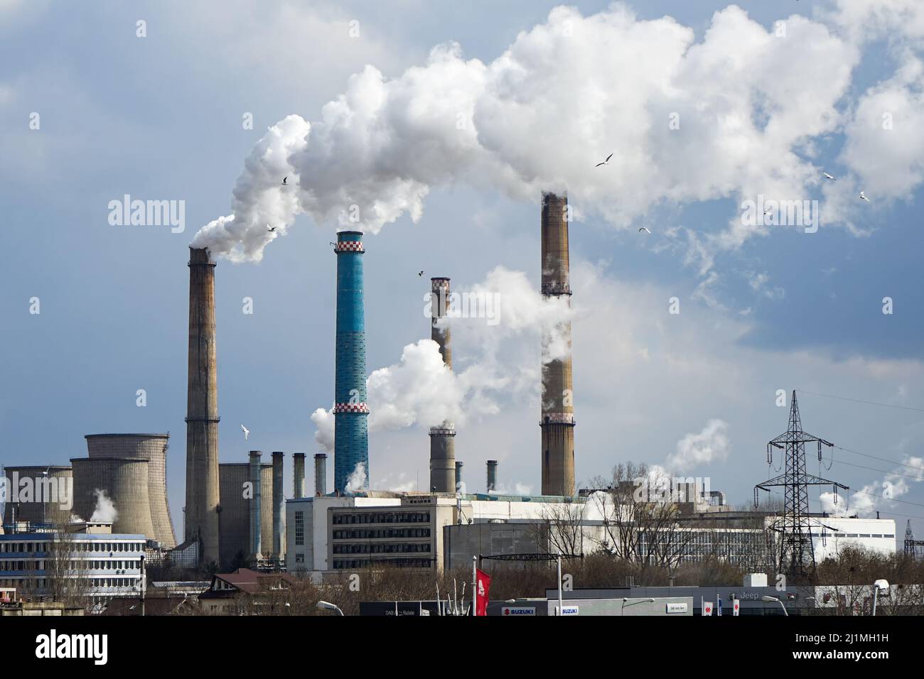 Bucharest, Romania - March 10, 2022: The chimneys of the CET Sud power ...