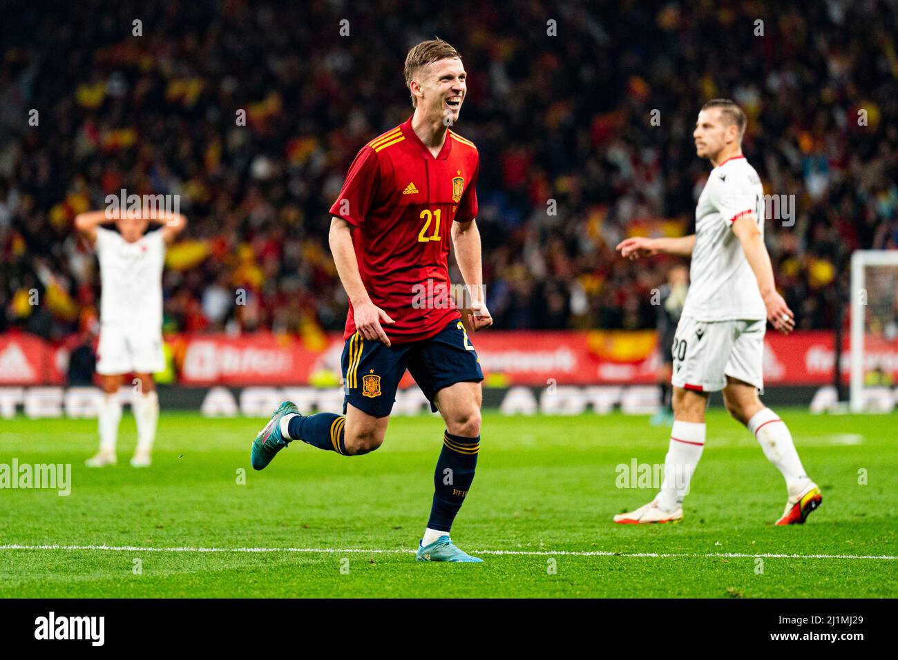 Barcelona, Spain. 26th Mar, 2022. Dani Olmo (Spain) celebrates after scoring during football match between Spain and Albania, at Cornella-El Prat Stadium on March 26, 2022 in Barcelona, Spain. Foto: Siu Wu. Credit: dpa/Alamy Live News Stock Photo