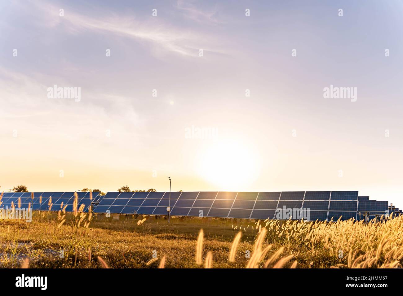 Solar plant(solar cell) with the summer season, hot climate causes increased power production, Alternative energy to conserve the world's energy, Phot Stock Photo