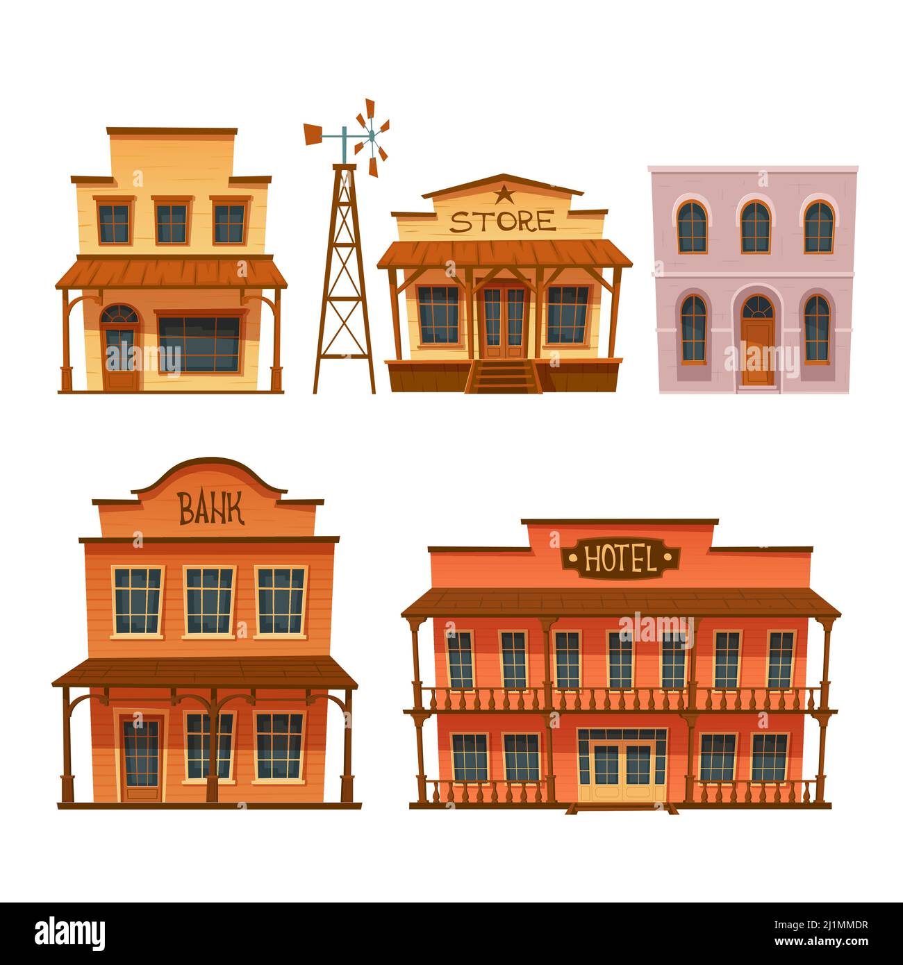 Wild west buildings set store, bank, hotel and weather vane tower. Wooden traditional western architecture isolated on white background. House exterio Stock Vector