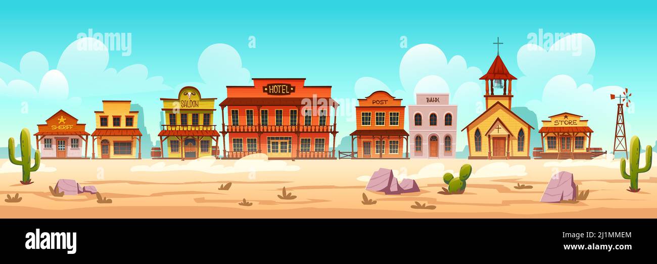 Western town with old wooden buildings. Wild west desert landscape with cactuses. Vector cartoon illustration of wild west city street with catholic c Stock Vector