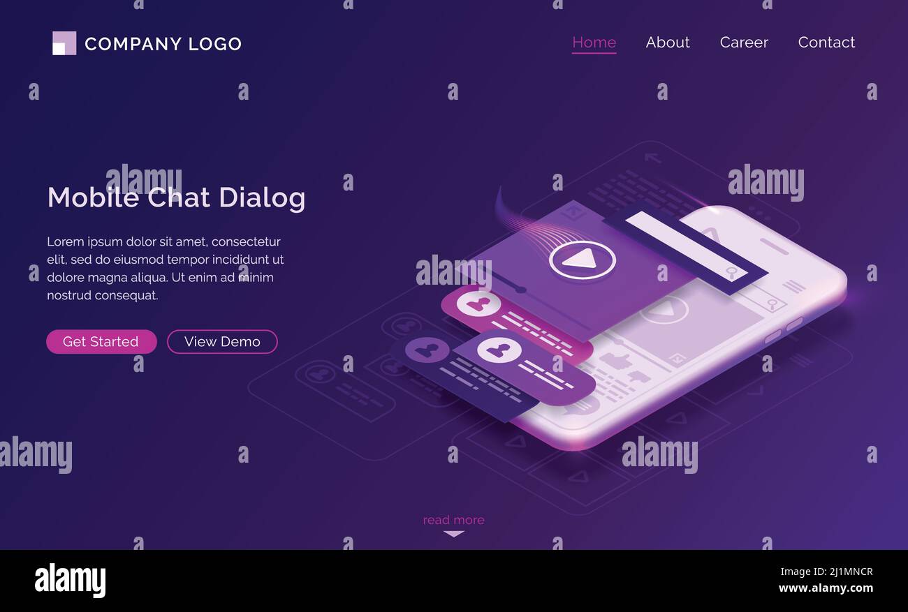 Mobile chat dialog isometric landing page, sms and audio messages ui ...