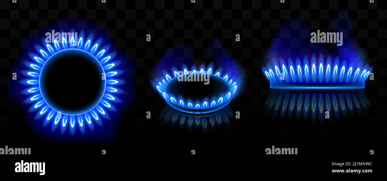 Gas burner with blue flame, glowing fire ring on kitchen stove. Vector realistic mockup of burning propane butane in oven for cooking in top and side Stock Vector