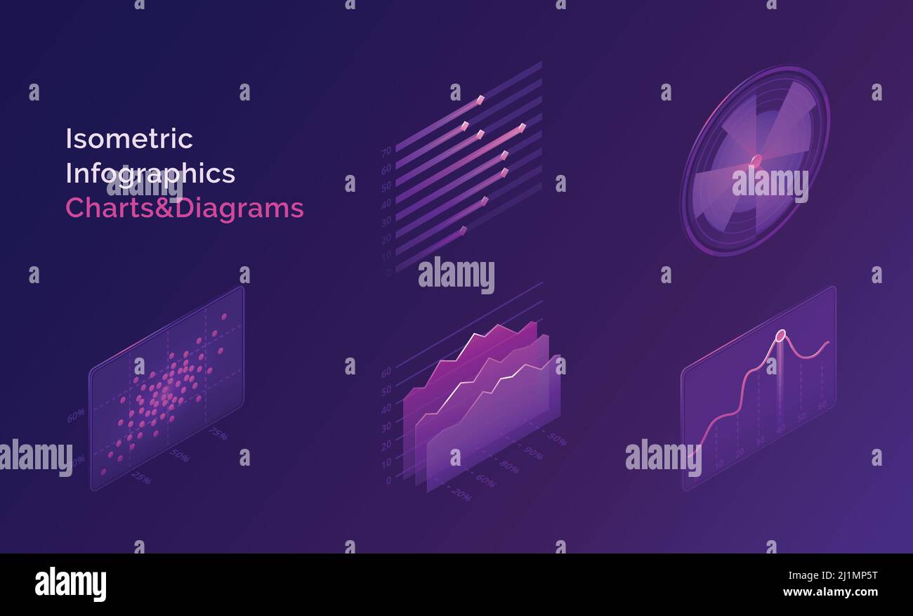Isometric infographic charts and diagrams. Vector abstract analysis and statistic graphs, timelines. Design elements of digital report for finance, in Stock Vector
