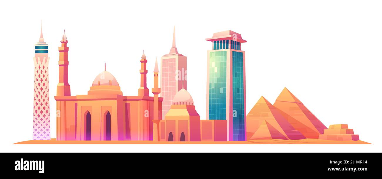Vector cartoon illustration of Cairo Tower, Giza pyramid complex or Giza Necropolis, Mosque of Muhammad Ali Pasha or Alabaster Mosque, Egypt skyline w Stock Vector