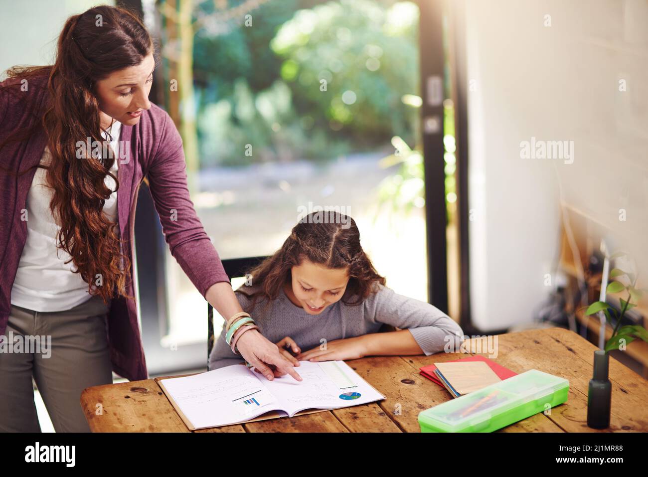 Now that looks like the correct answer. Cropped shot of a young girl doing homework with her mother inside. Stock Photo