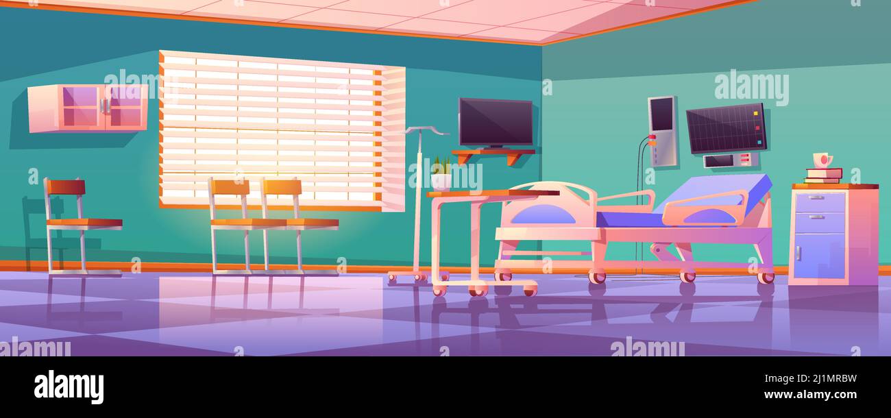 Hospital ward interior with adjustable bed, medical monitor and drop counter. Vector cartoon illustration of empty room in clinic for treatment sick p Stock Vector