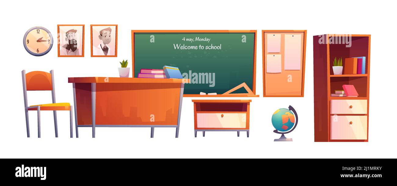 Classroom furniture with inscription to school on chalkboard. Vector cartoon set