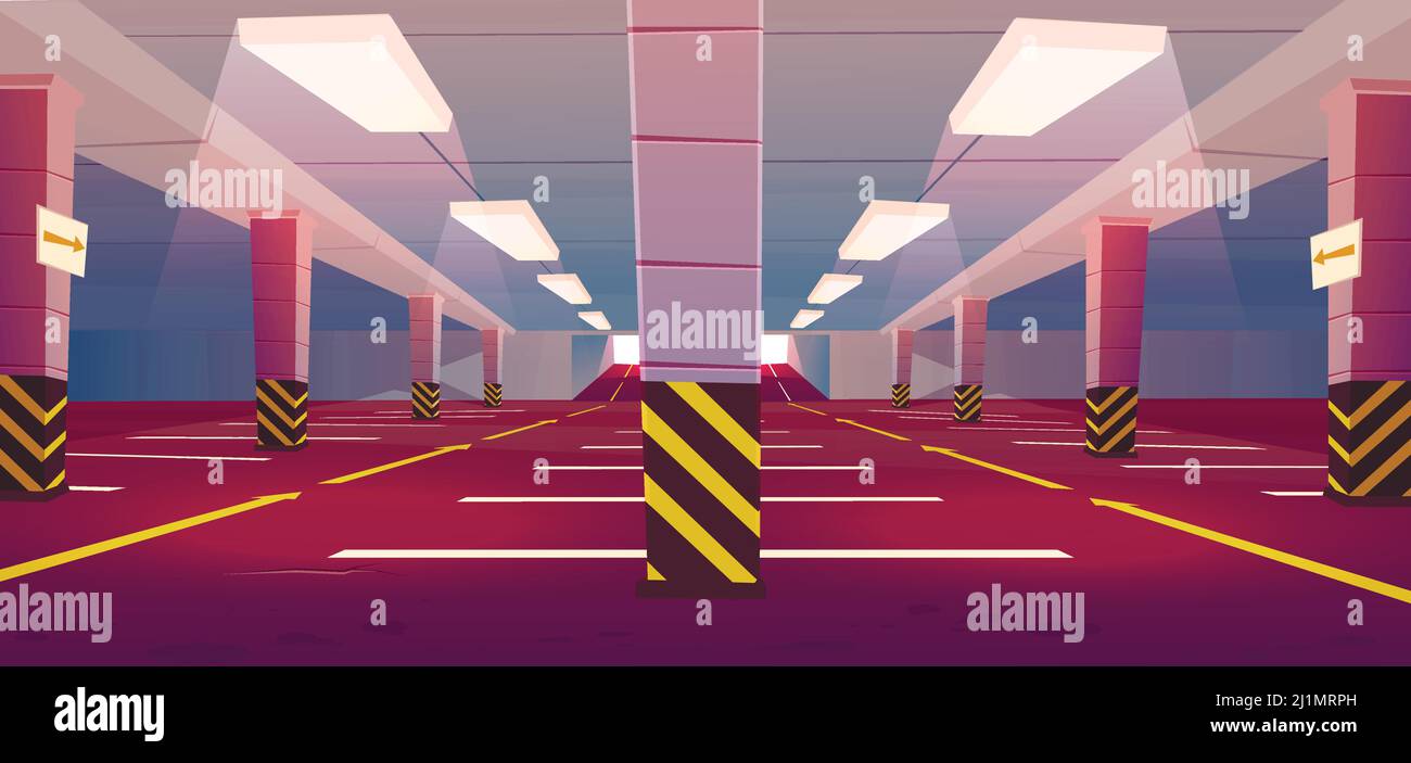 Underground car parking. Empty basement garage with road marking lots for automobiles, guiding arrows on road and columns to entrance. Vector cartoon Stock Vector