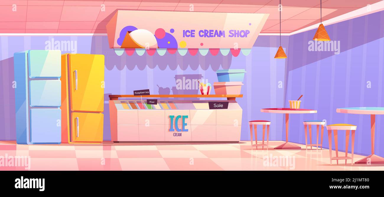 Ice cream shop interior with counter, fridge and tables. Vector cartoon