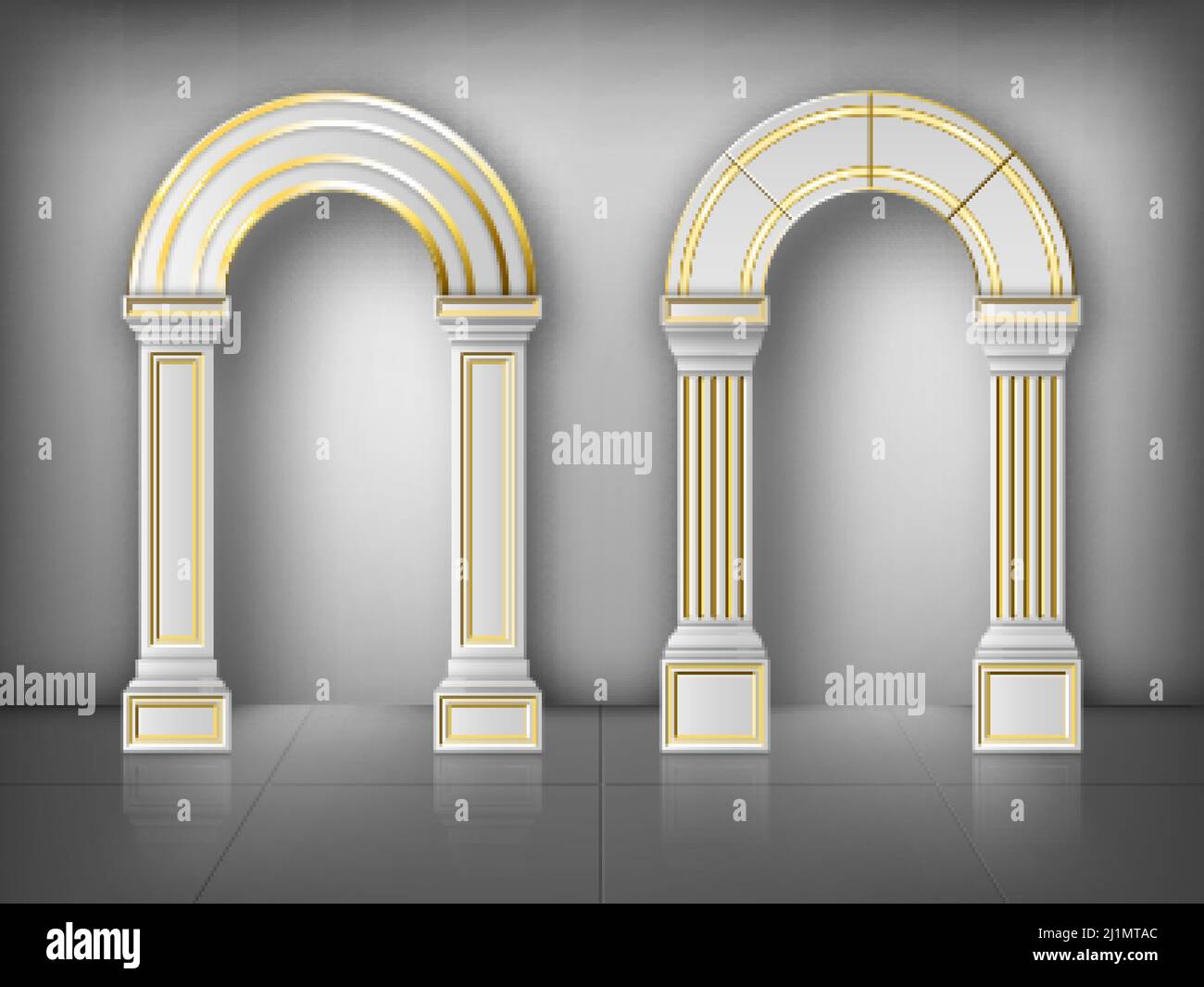 Arches with columns in wall, interior gates with white pillars and gold decoration in palace or castle. Archway frames, portal entrance, antique doorw Stock Vector