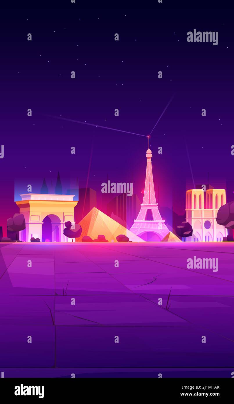 FEBRUARY 12, 2020. Vector cartoon nighttime illustration of Paris landmarks, Eiffel Tower, Louvre museum building, Notre Dame Cathedral, Triumphal Arc Stock Vector