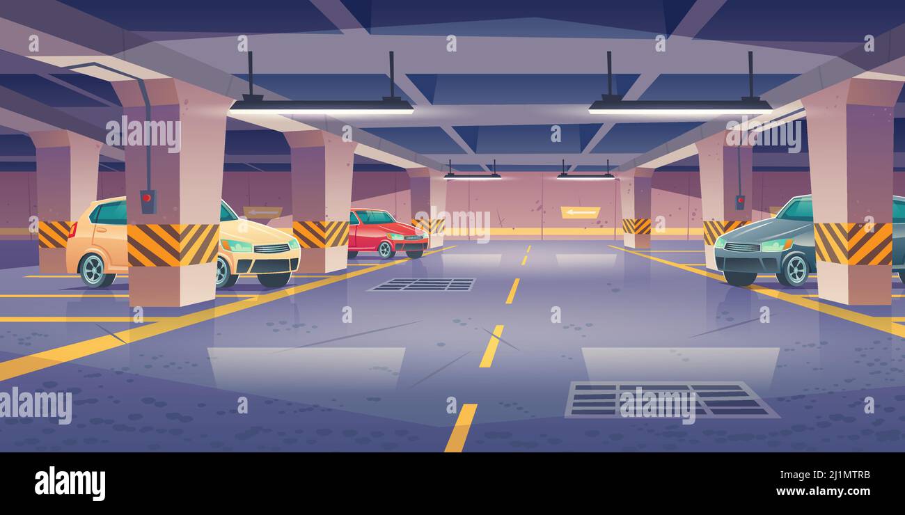 Underground car parking, garage with vehicles and vacant places. Area for transport in building basement with columns and guiding arrows show way to e Stock Vector