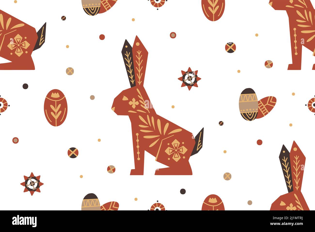 Seamless festive vector pattern with hares and easter eggs with folk ...