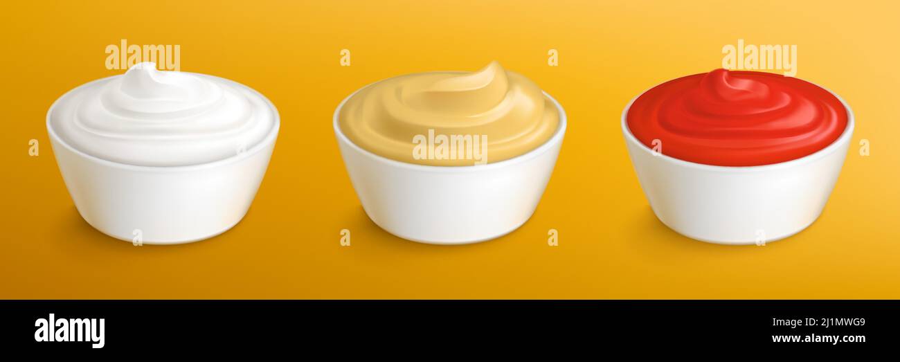 Mayonnaise, mustard sauce and ketchup in white dip bowls. Vector
