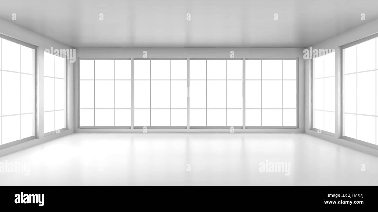 Empty white room with large windows. Vector realistic 3d interior of ...