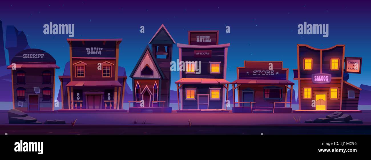 Western town with old wooden buildings at night. Wild west landscape for game gui. Vector cartoon illustration of city street with catholic church, sa Stock Vector