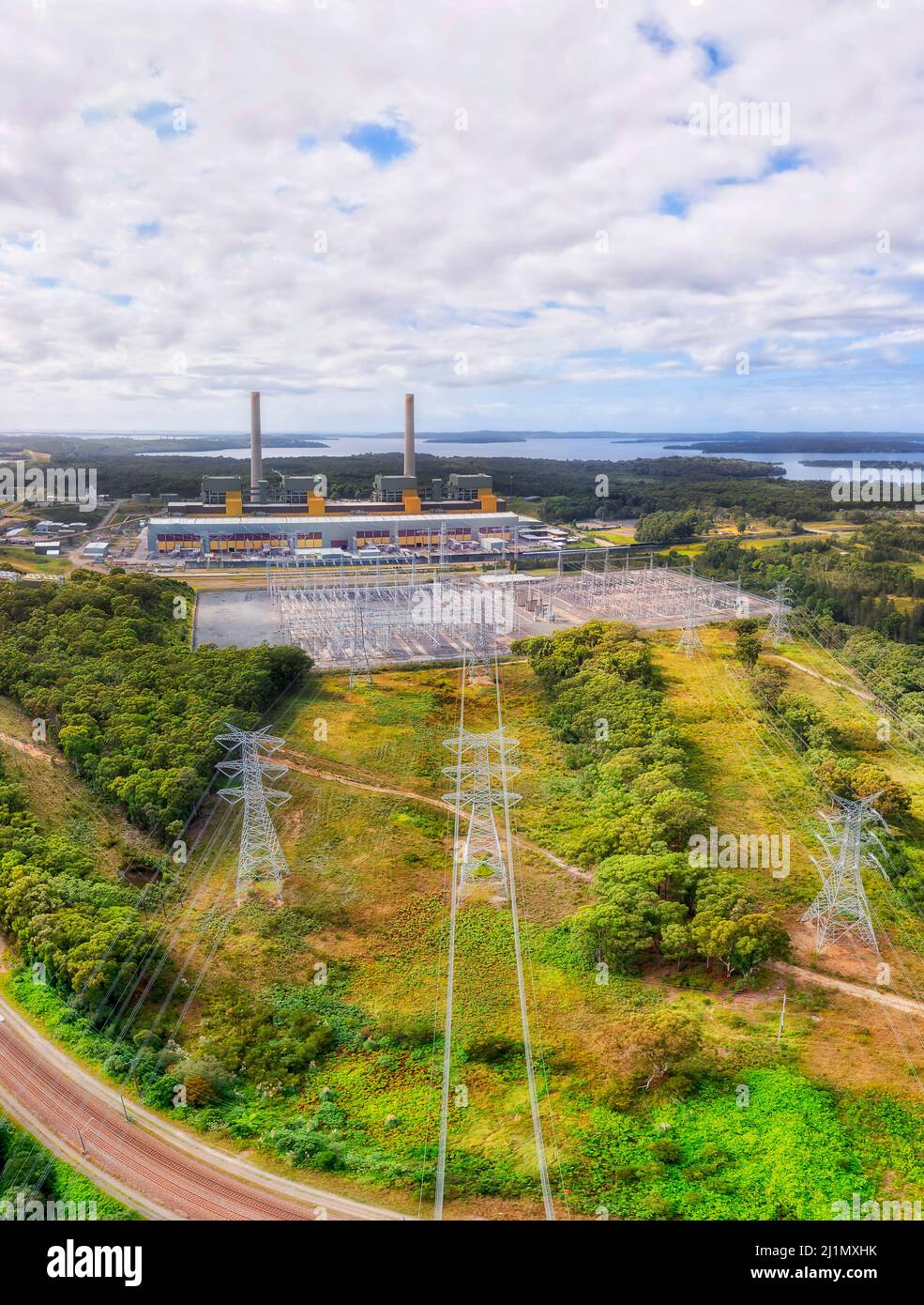 Eraring power plant electricity generation station on Central coast - aerial. Stock Photo
