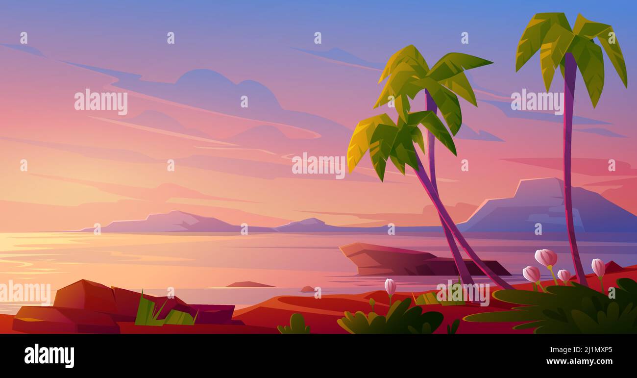 Sunset or sunrise on beach, tropical landscape with palm trees and beautiful flowers on seaside under pink cloudy sky. Evening or morning idyllic para Stock Vector