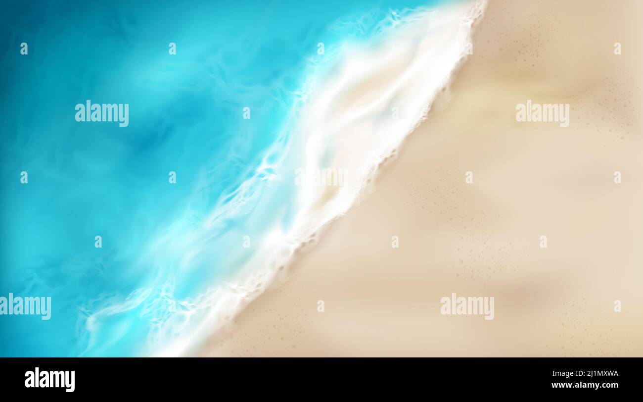 Top view of sea wave with foam splashing on beach with sand. Blue ocean ...