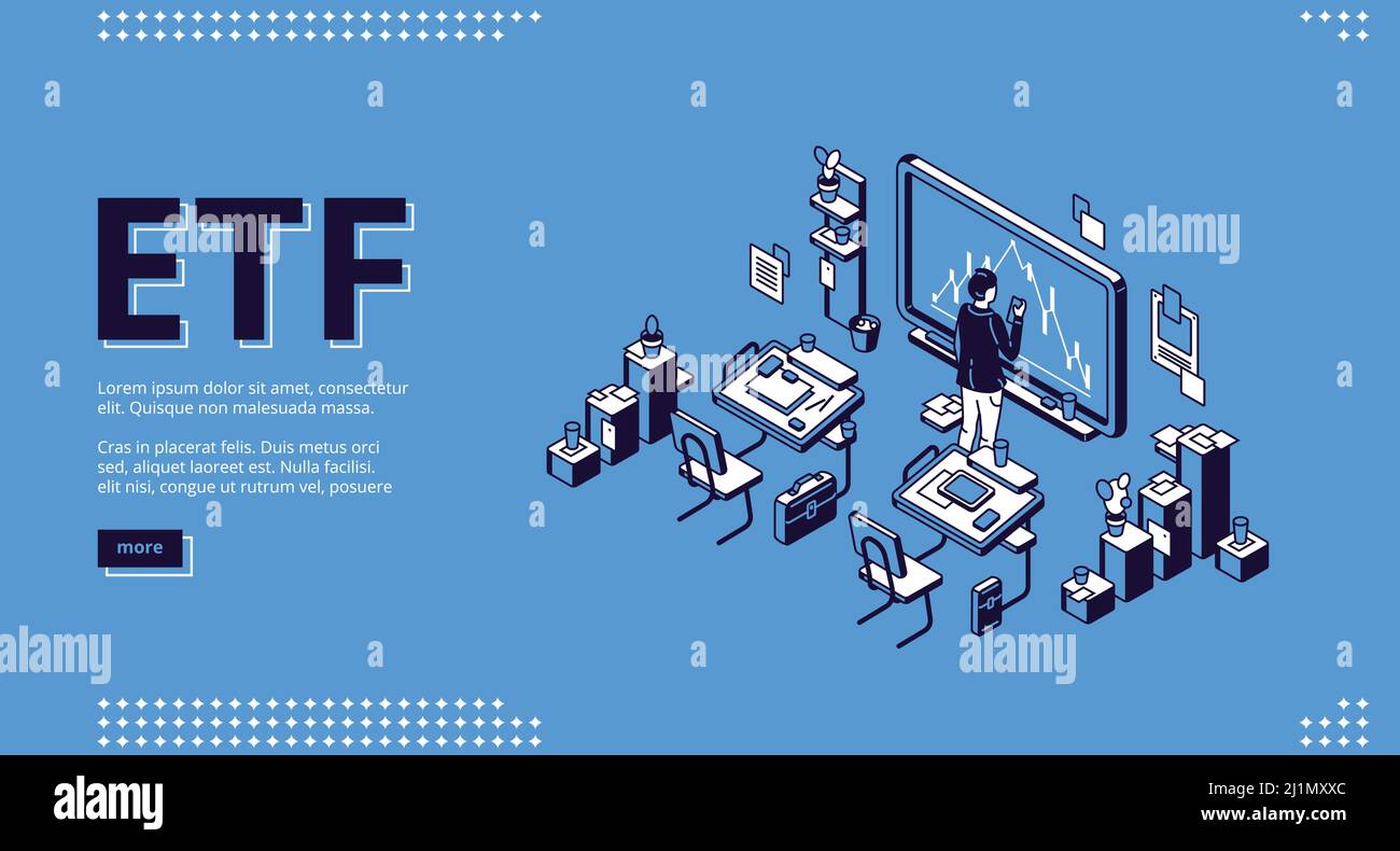 Etf isometric landing page, exchange traded fund concept, businessman stand at blackboard in
