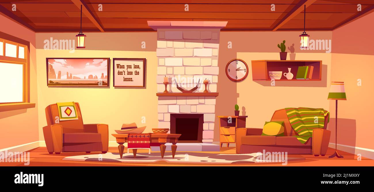 Wild west living room empty interior with western rustic style furniture.  Cartoon vector fireplace with horns and candles, couch with plaid, armchair  Stock Vector Image & Art - Alamy