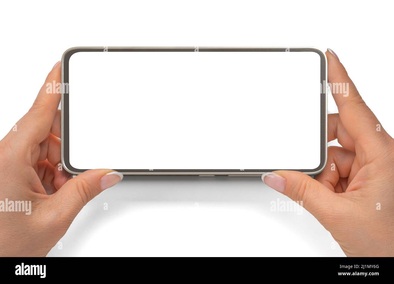 phone mockup in horizontal position. close up hands hold cellphone isolated on white background. Close up of horizontal black smartphone with blank sc Stock Photo