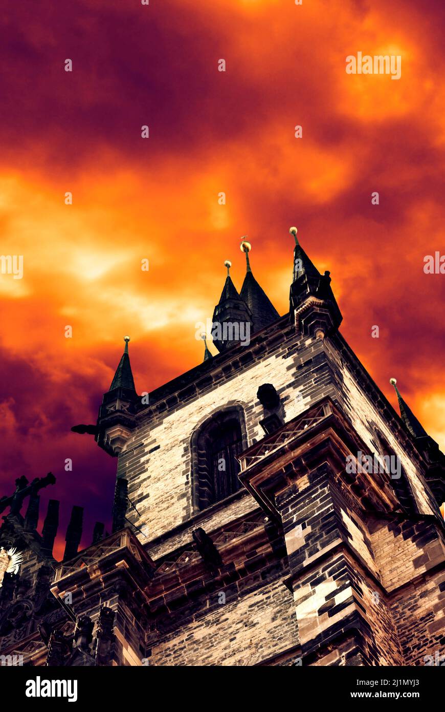 low angle view Gothic tower in Prague Stock Photo