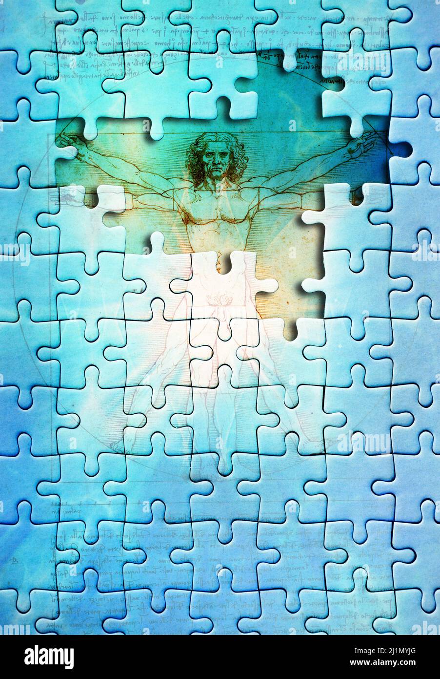 puzzle with missing pieces and Leonardo da Vinci Vitruvian man Stock Photo