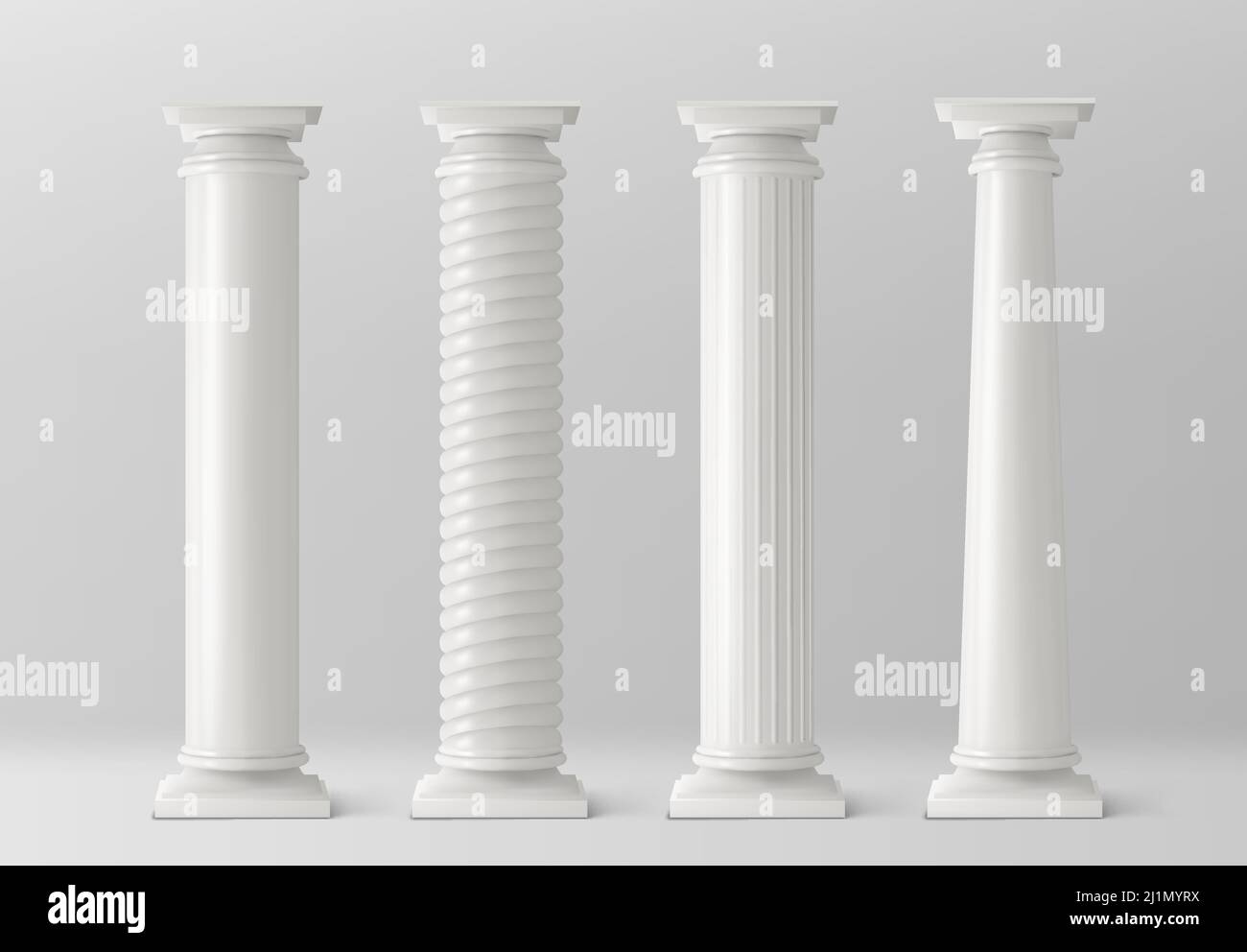 Antique pillars set isolated on white background. Ancient classic stone