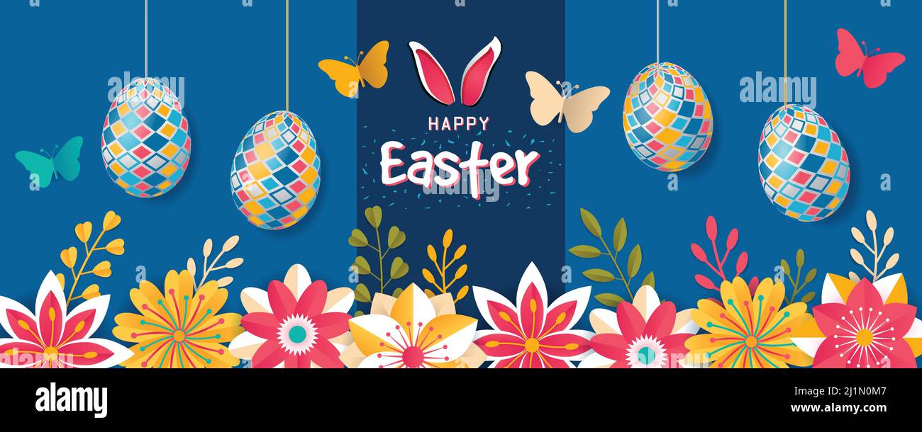 Happy Easter Floral Colorful Horizontal Banner Design. Flowers, butterflies, bunny ears, and colorful pattern design eggs horizontal banner vector Stock Vector