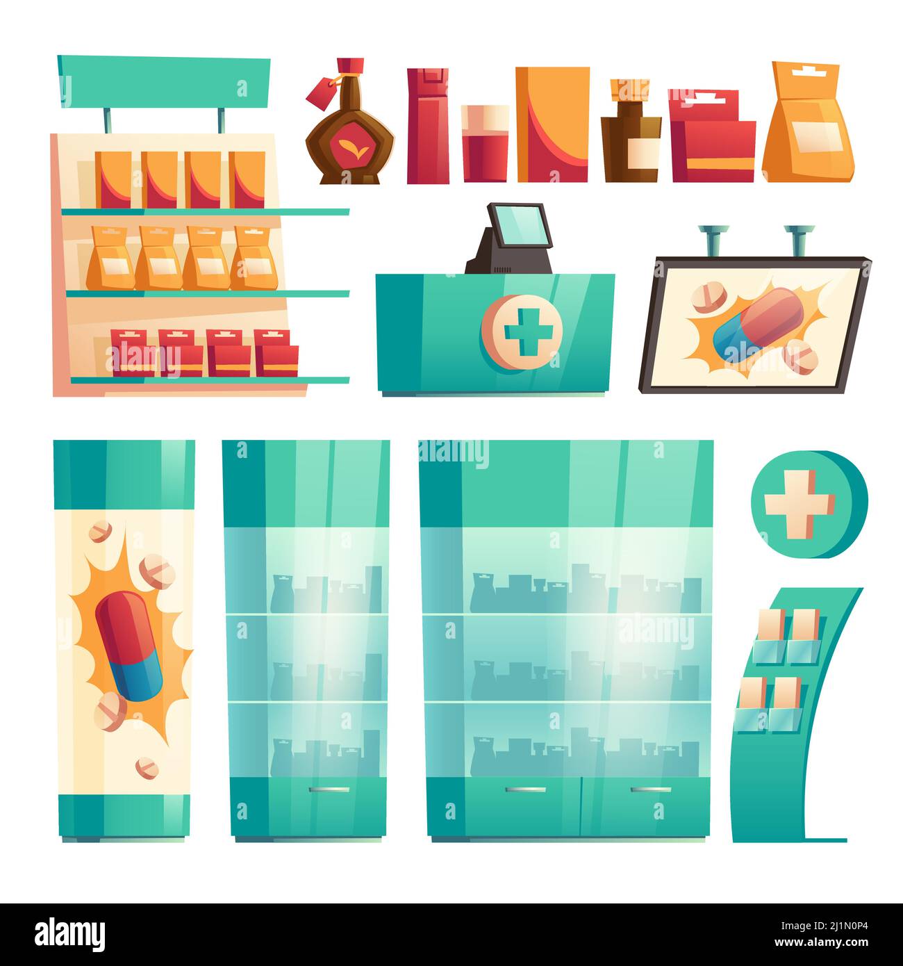 Pharmacy shelves with medicines. Pharmaceuticals, medicine bottles, drugs  and pills on shelf cartoon vector illustration, Stock vector