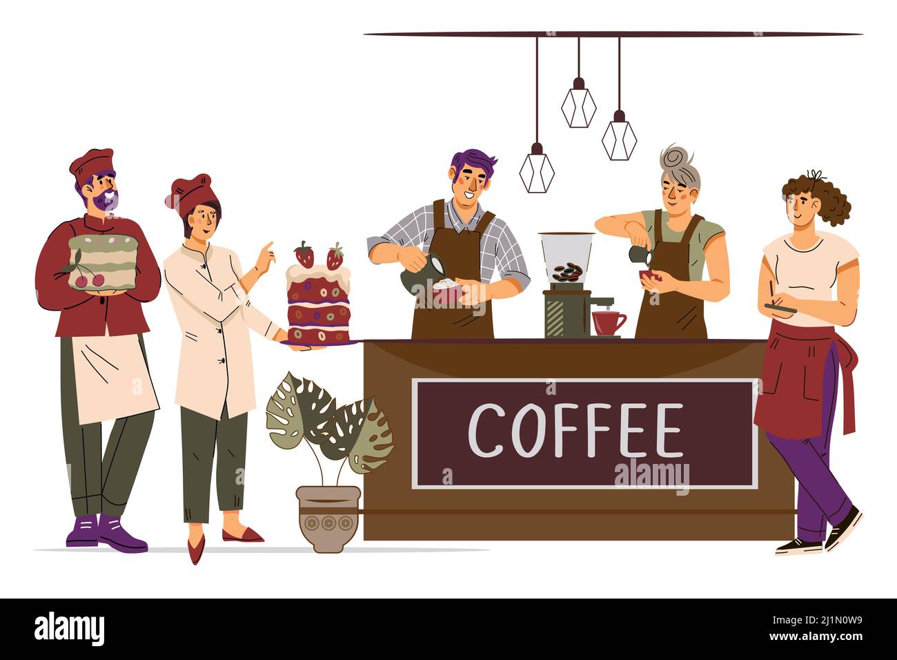Coffeehouse or pastry shop staff with barista and pastry cooks, waiters. Stock Vector