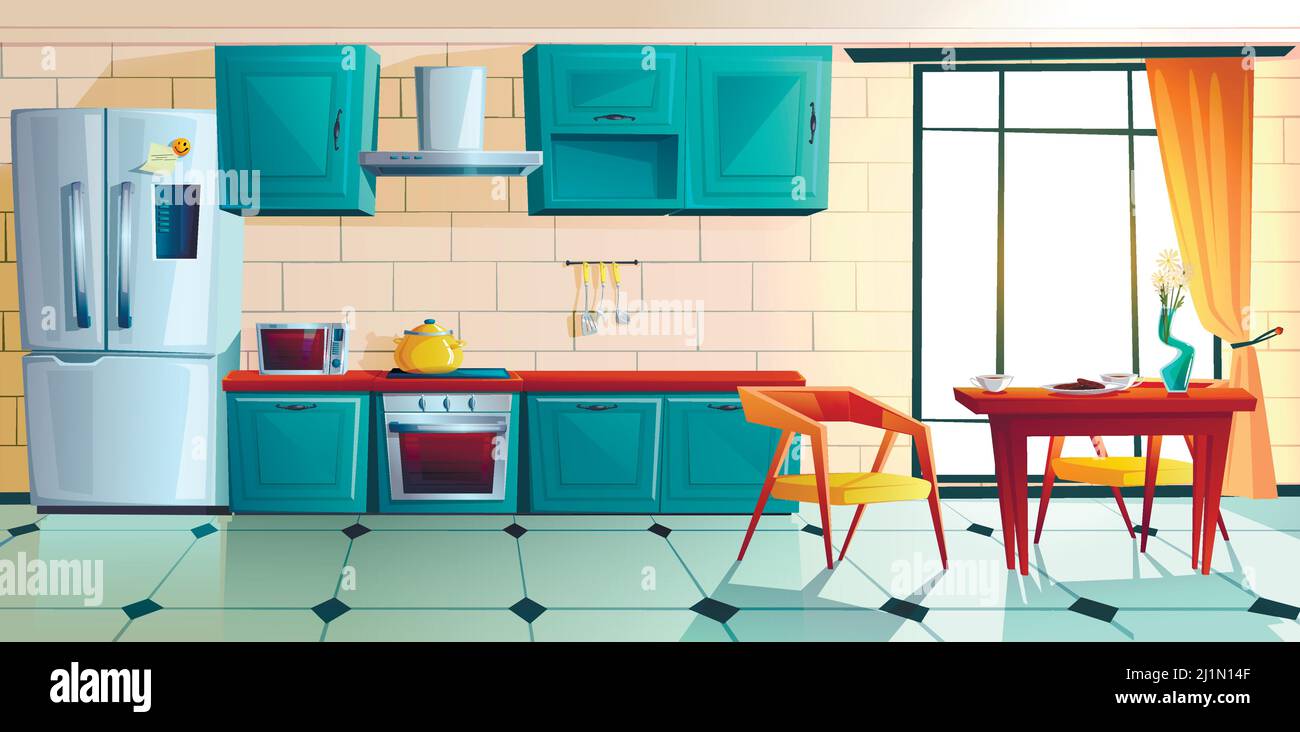Home kitchen, empty interior with appliances for cooking and furniture, served table near large window, oven, range hood, refrigerator and utensil. Co Stock Vector
