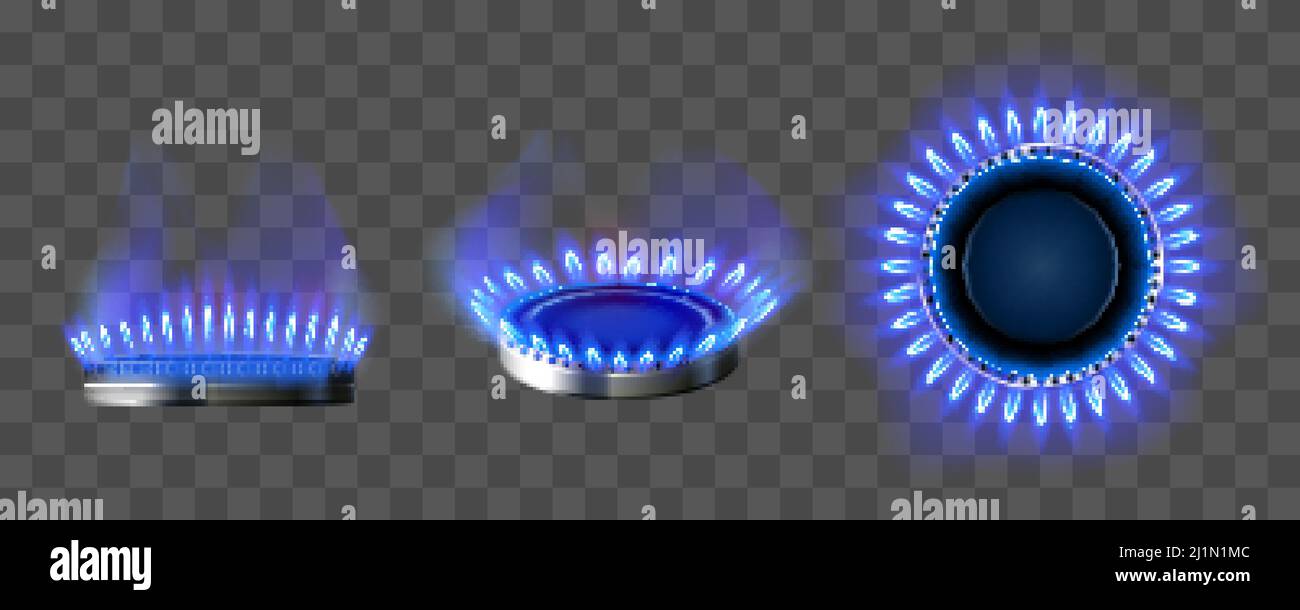 Gas burner with blue flame. Glowing fire ring on kitchen stove in top and side view. Vector realistic mockup of burning propane butane in oven for coo Stock Vector