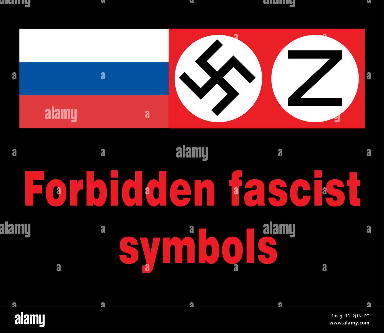 Forbidden fascist symbols on a black background, a swastika next to the letter zed and the Russian flag.  Stock Vector