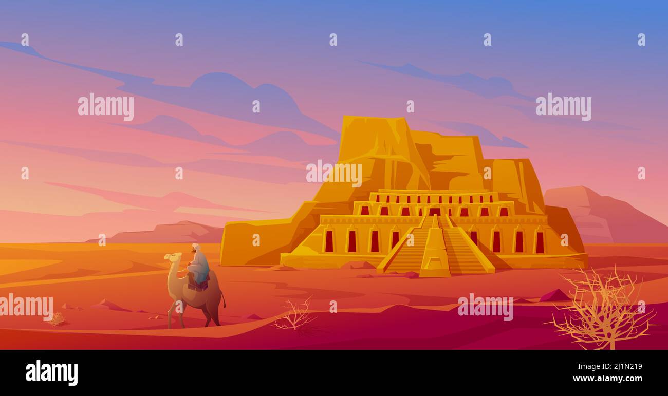 Egypt desert with Hatshepsut temple, camel with arab, mountain and tumbleweed. Vector cartoon landscape of egyptian ancient landmark. Pharaoh tomb in Stock Vector