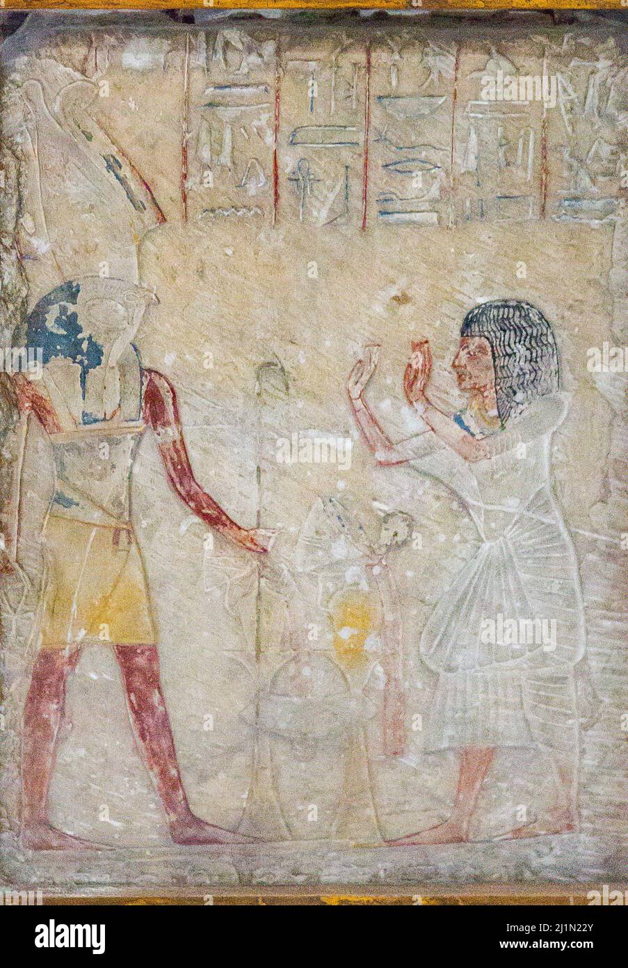 Cairo, Egyptian Museum, relief of Merya and Sitti, found in Saqqara near Teti pyramid, but dated from new Kingdom : Merya adoring Ptah-Sokaris. Stock Photo